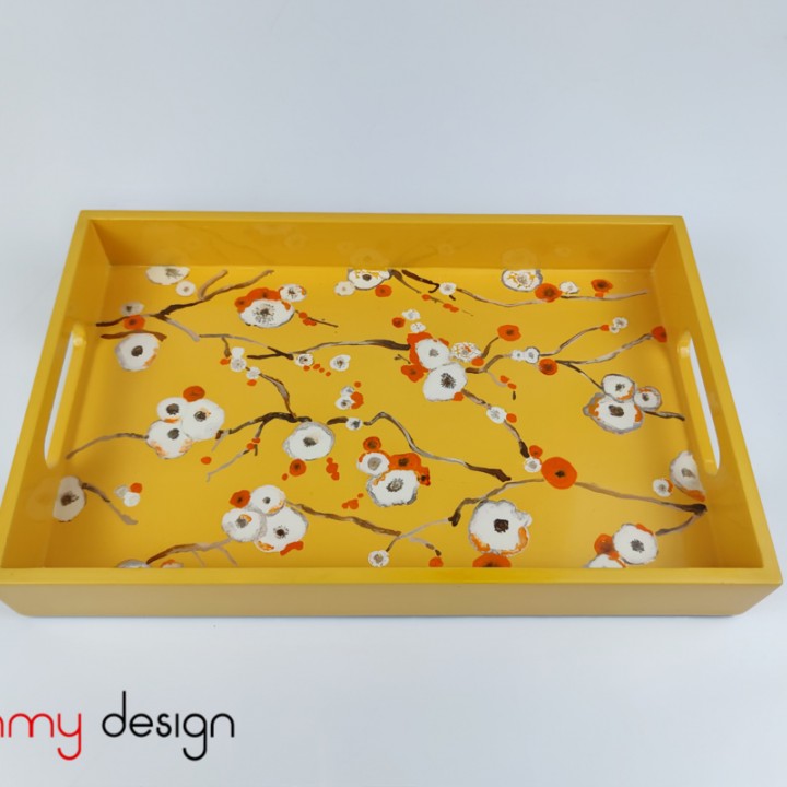 Yellow rectangular lacquer tray with hand-painted peach blossoms 18*30 cm